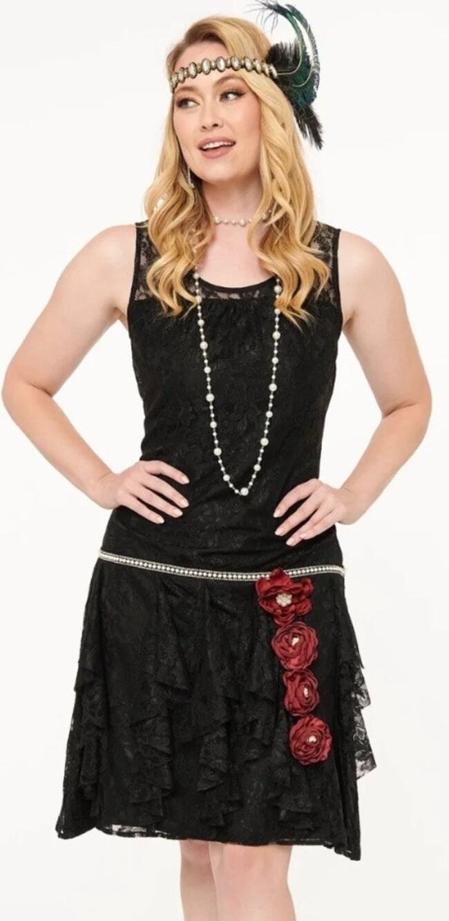 Unique Vintage 1920’s Black Lace Pearl Trim Ruffle Flapper Dress 1X 16 NWOT